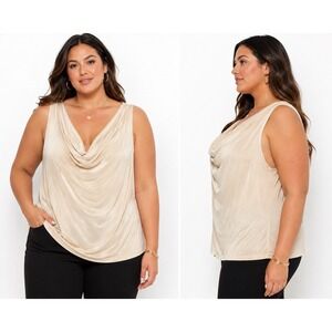 Made In Heaven Tank Top Womens 2X Beige Cowl Neck Sleeveless Stretch Blouse